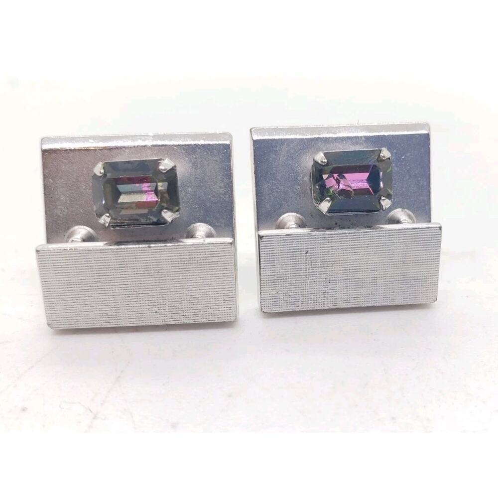 Vintage Cufflinks Swank Silver Rivoli Rainbow Rhinestone Cuff Links 1960s